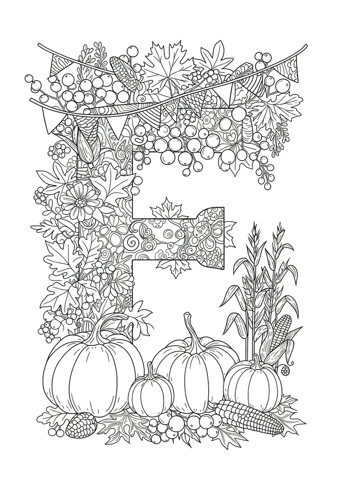 Complex fall festival scene with letter F, pumpkins, leaves, and banners, hard coloring page for elementary kids