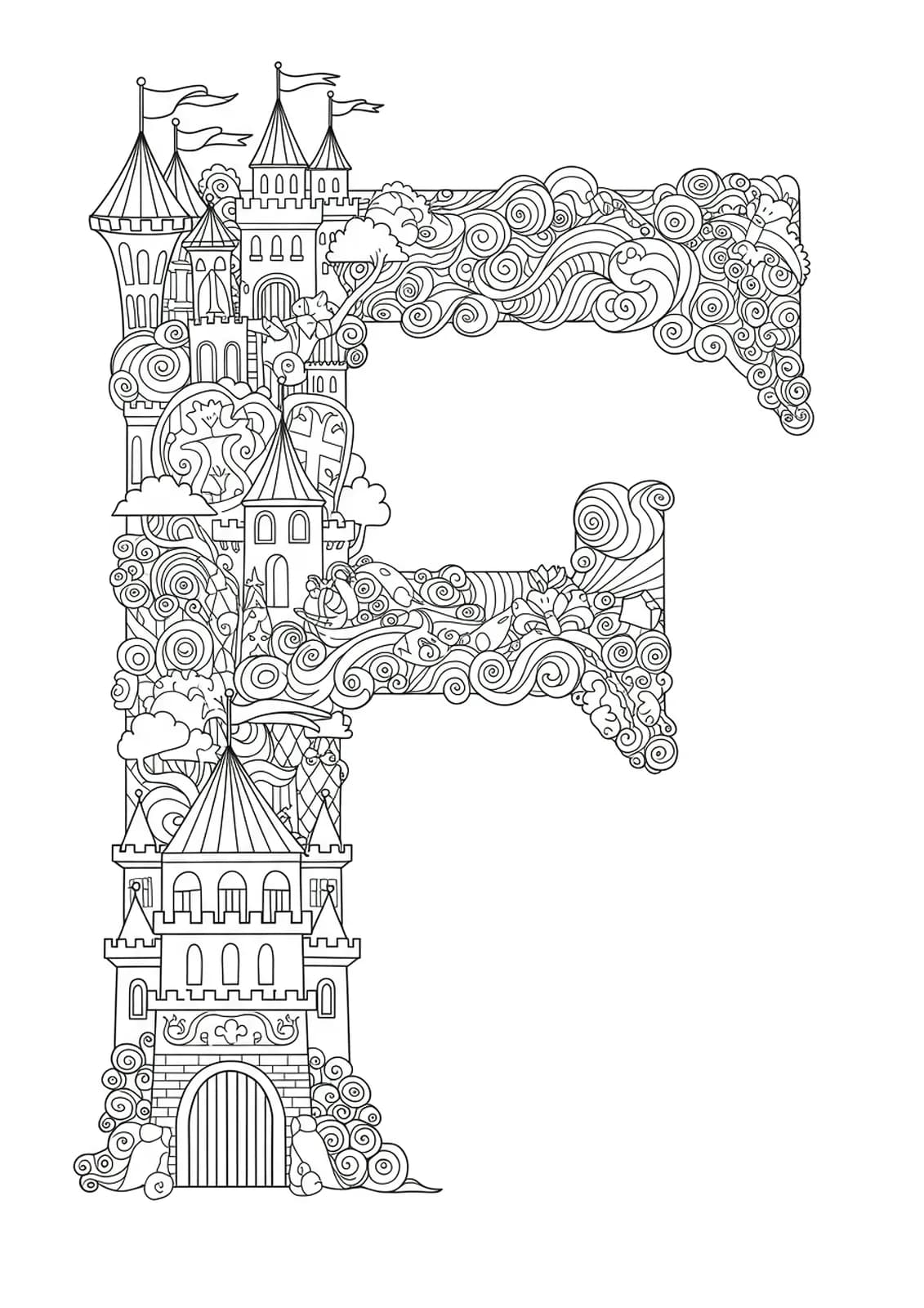 Letter F beside detailed fantasy castles, towers, clouds, and flags, hard coloring page for elementary kids
