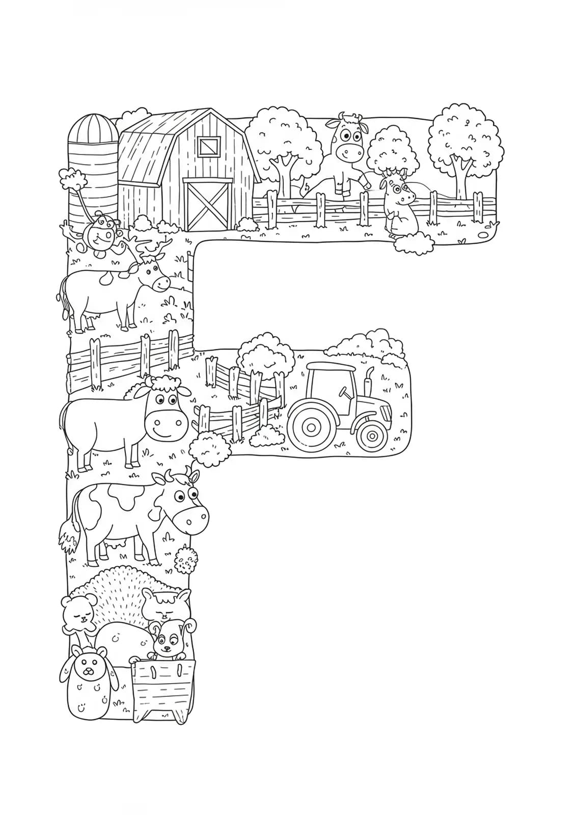 Intricate letter F with barn, tractor, cow, chicken, and farm details for preschoolers