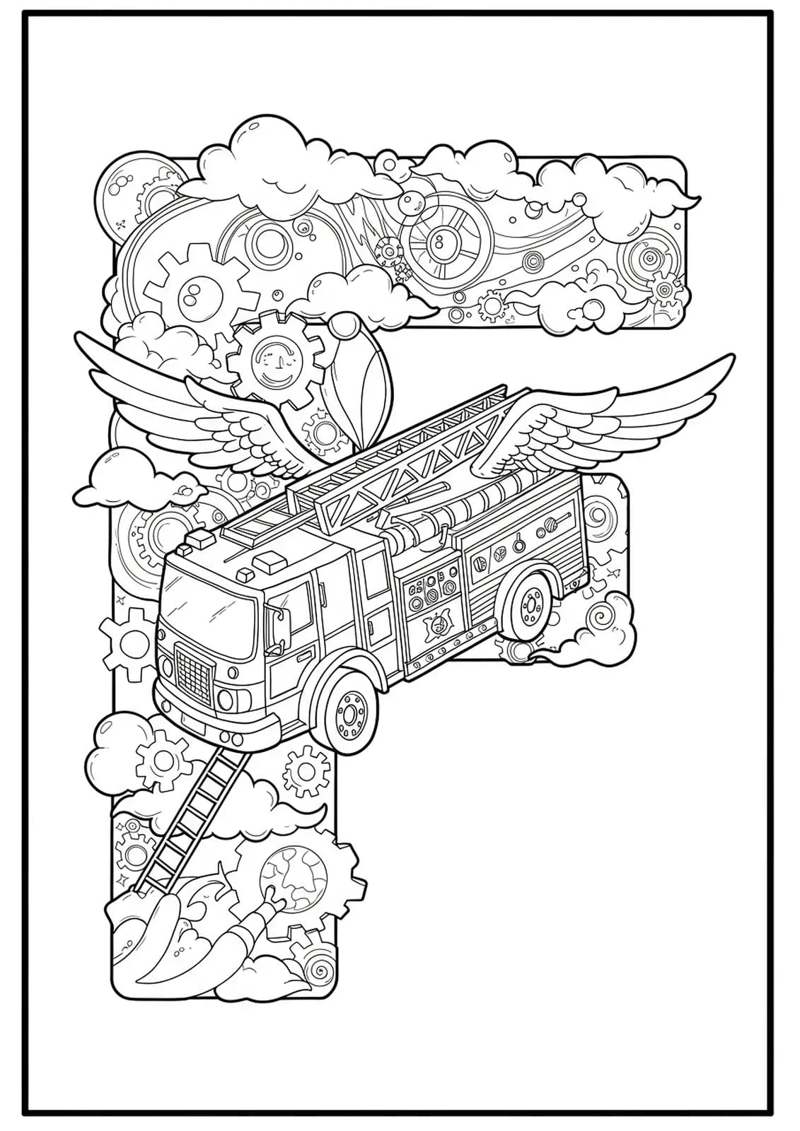 Intricate letter F with a firetruck flying in the clouds for preschoolers