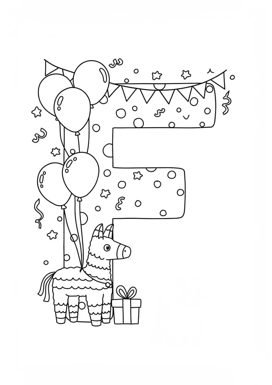 Big letter F with balloons, a piñata, and streamers around it