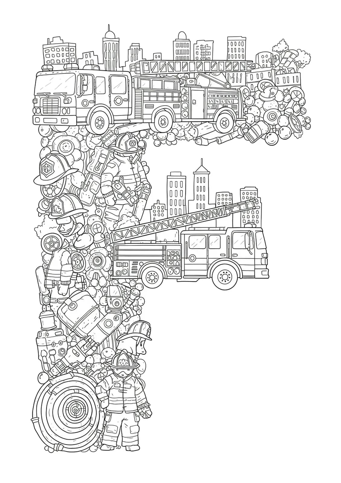 Letter F amid detailed firefighter gear, fire trucks, and cityscape, hard coloring page for kids