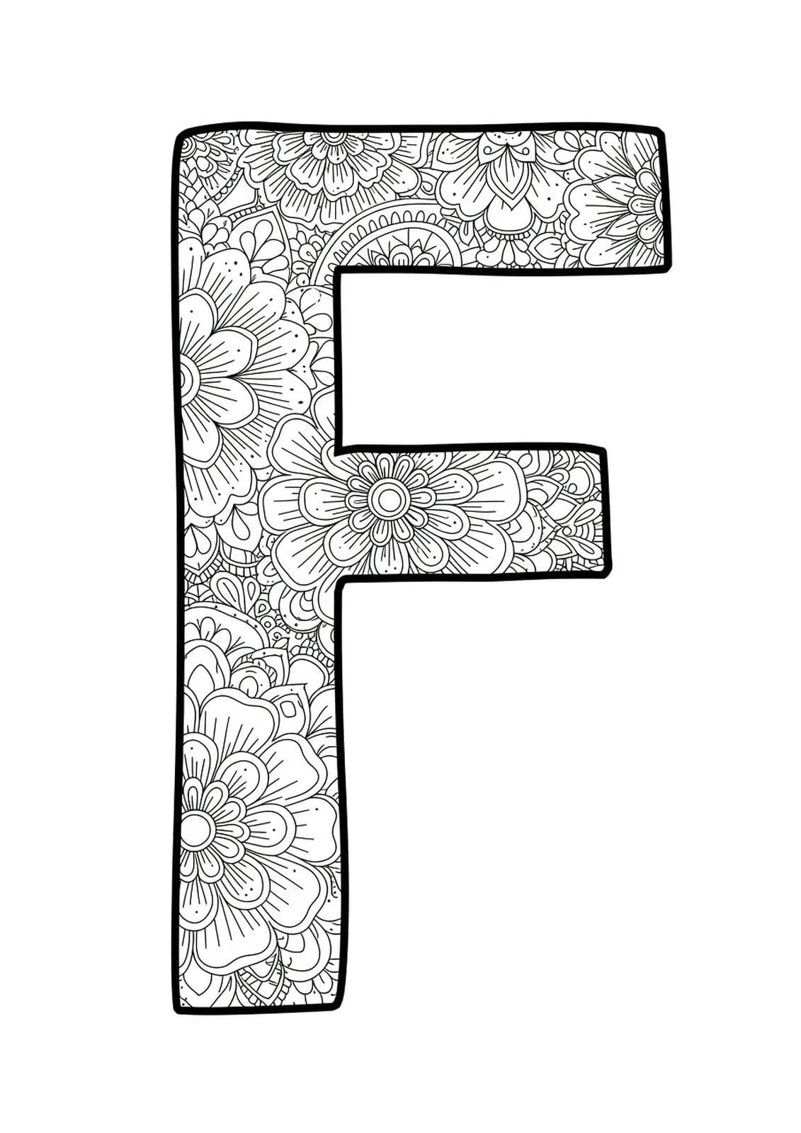 Letter F decorated with floral mandala patterns for adult coloring