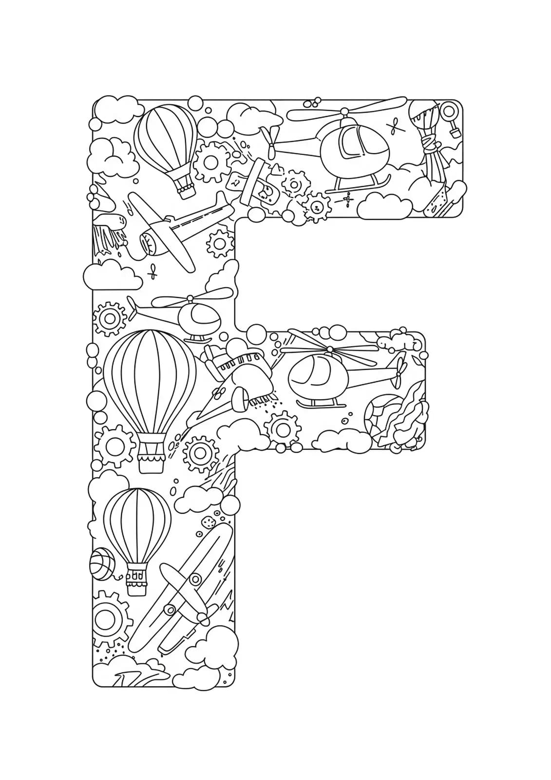 Letter F with detailed flying machines like airplanes and balloons, hard coloring page for elementary kids