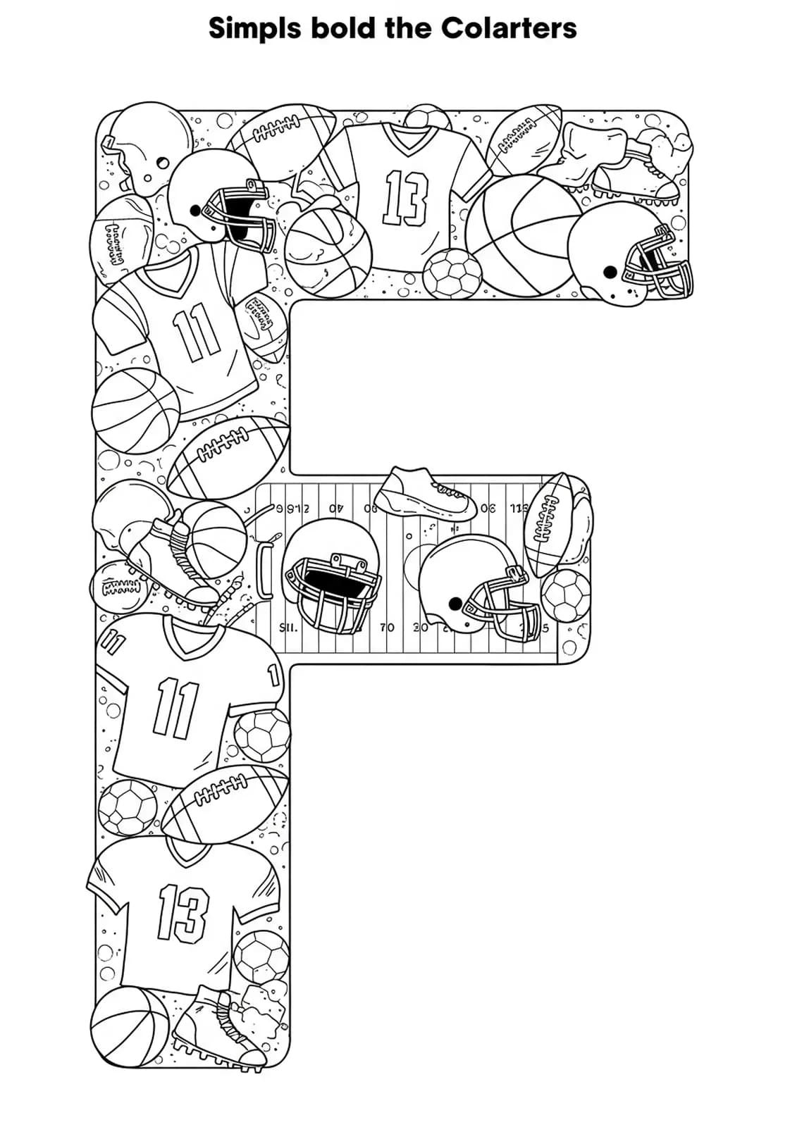 Intricate football-themed scene with letter F, footballs, jerseys, and field lines, hard coloring page for kids