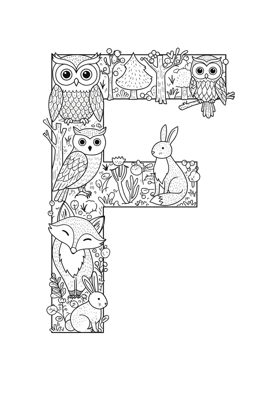 Letter F with intricate forest animals and tree patterns, hard coloring page for kids