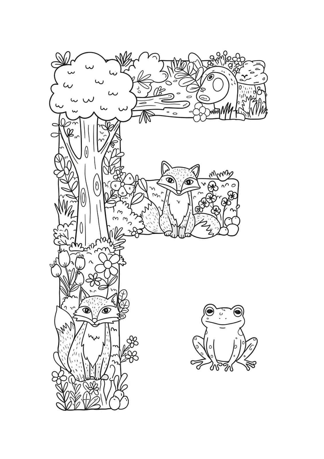 Intricate letter F surrounded by fox, frog, trees, and flowers in a forest setting for preschoolers