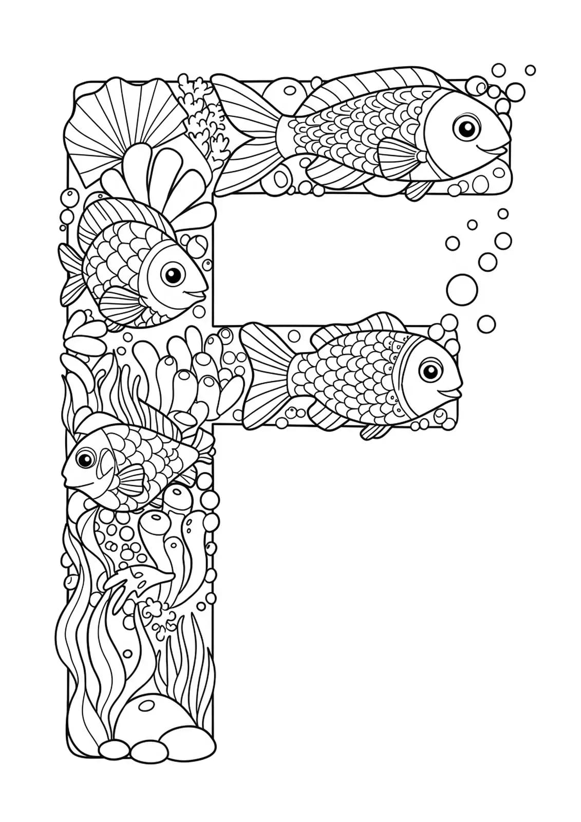 Detailed letter F with friendly fish, seaweed, and bubbles in an underwater scene