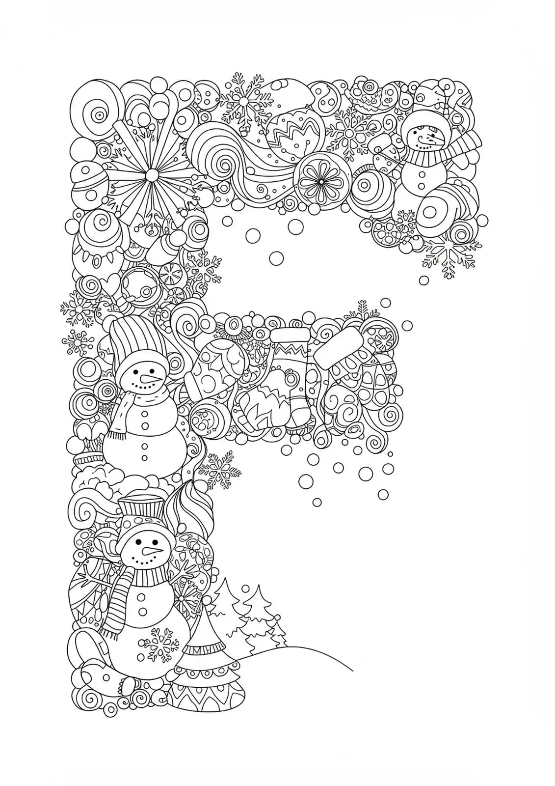 Letter F in a winter scene with snowflakes, snowmen, trees, and mittens, hard coloring page for kids