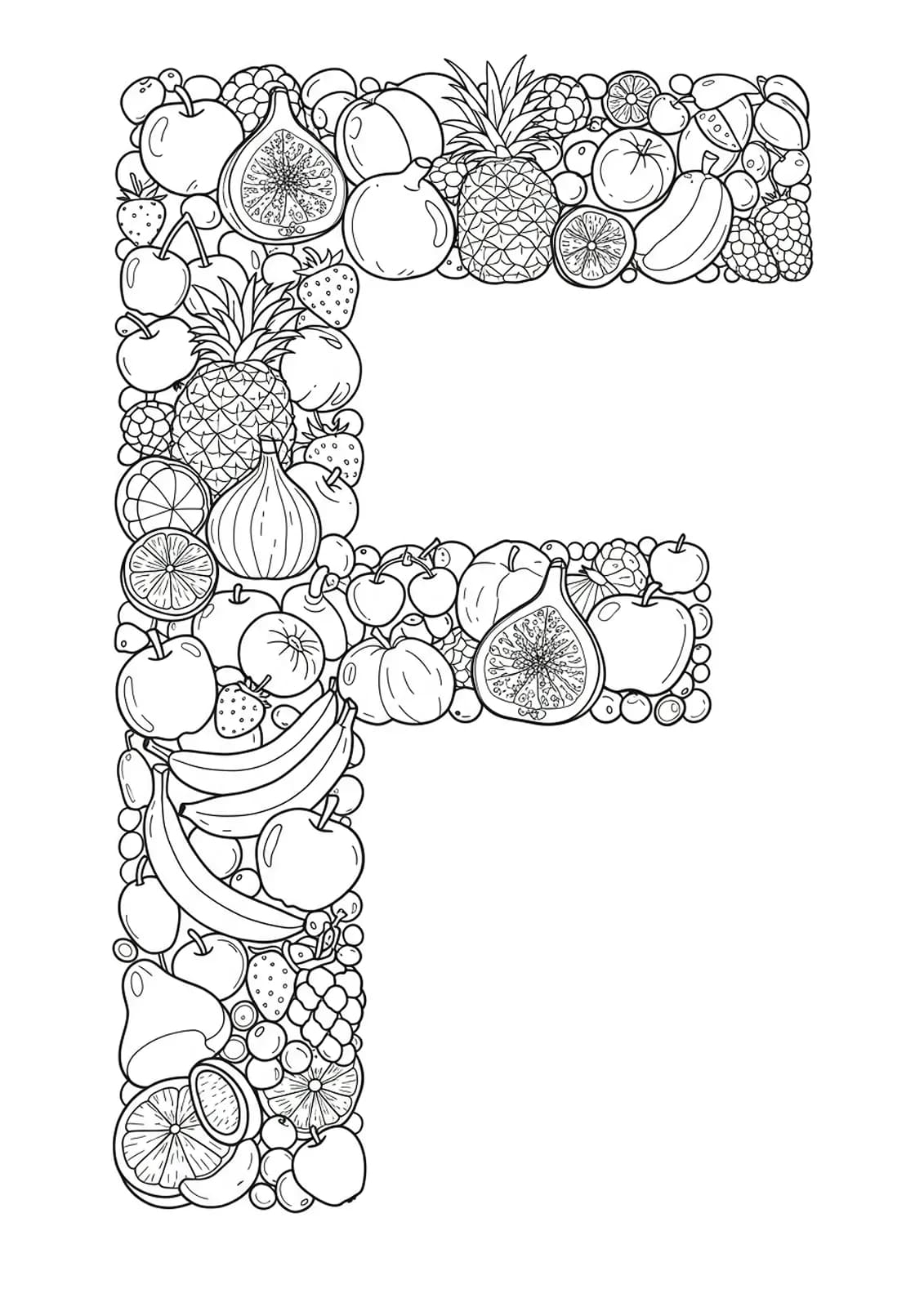 Complex letter F surrounded by detailed drawings of fruits for preschoolers