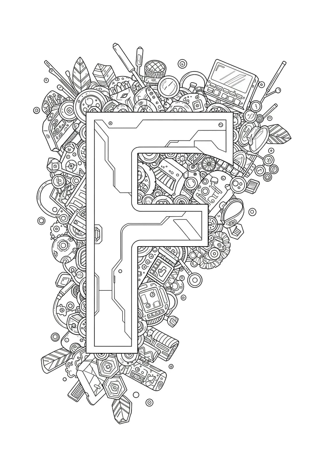Letter F surrounded by intricate geometric and futuristic fashion patterns for teens