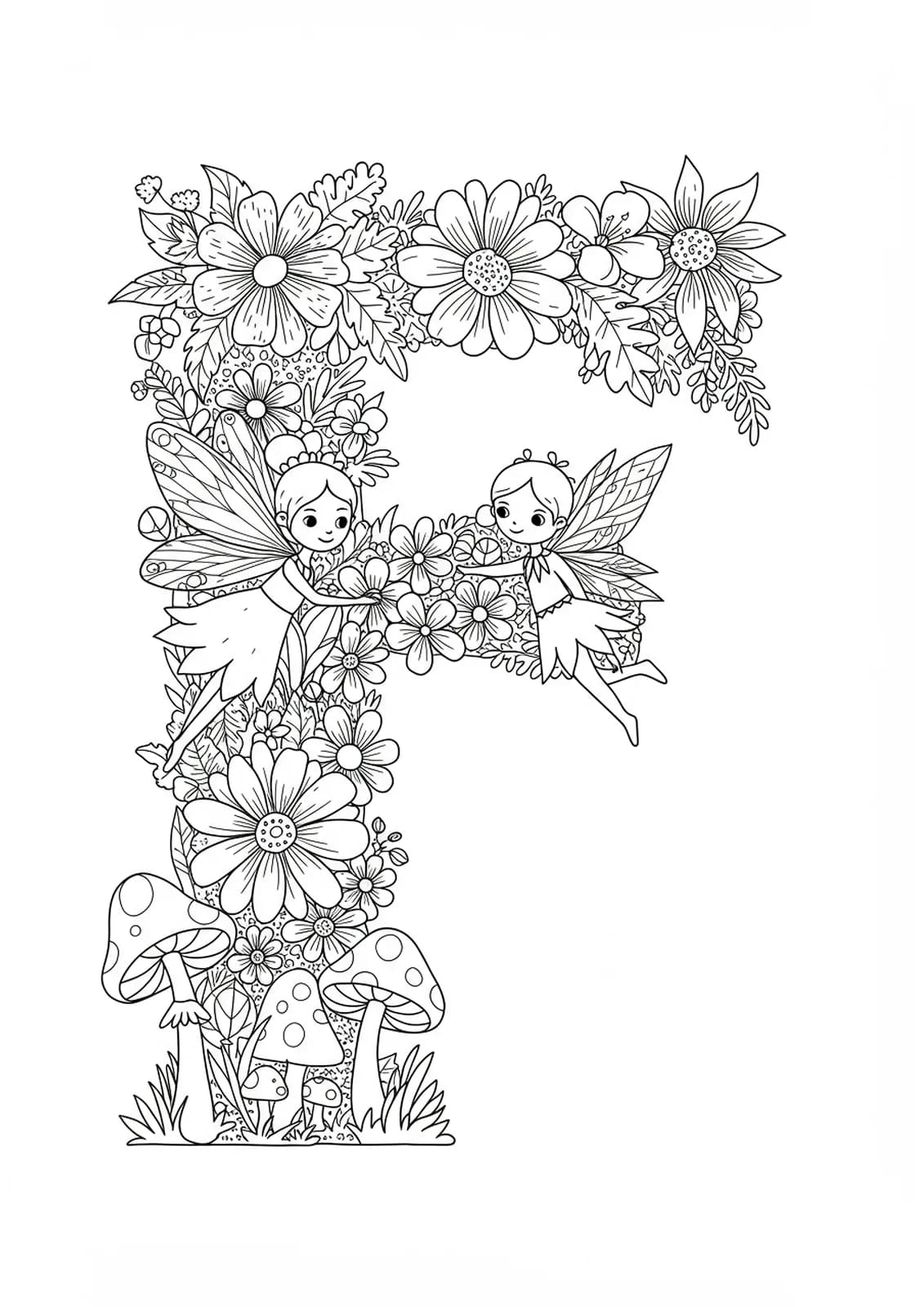 Letter F with fairy, flowers, and mushrooms for elementary coloring