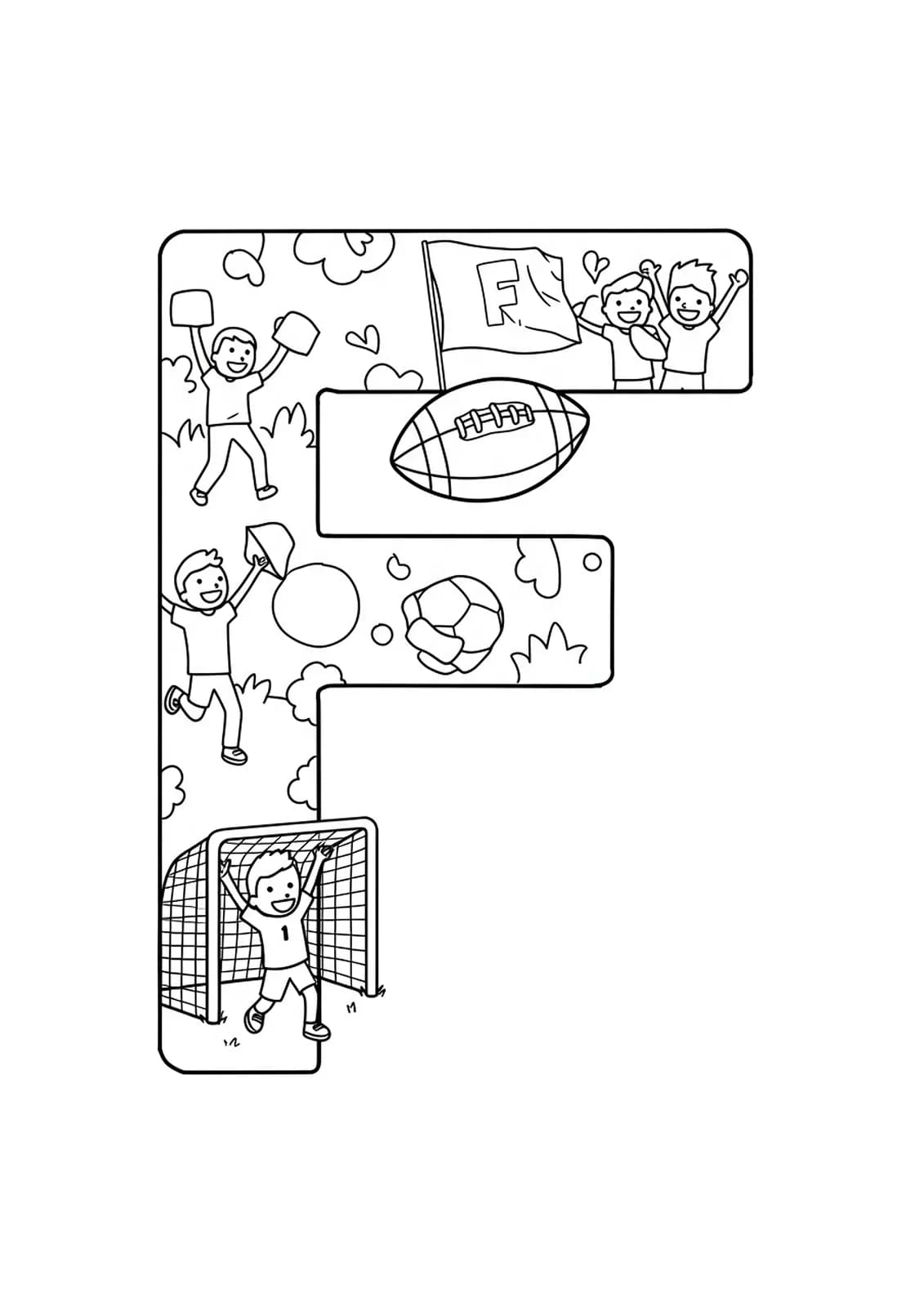 Letter F with a football, goalpost, and cheering fans for easy coloring