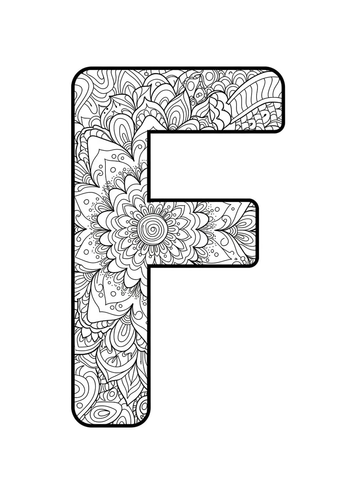 Intricate letter F coloring page with mandala and graffiti elements for teens