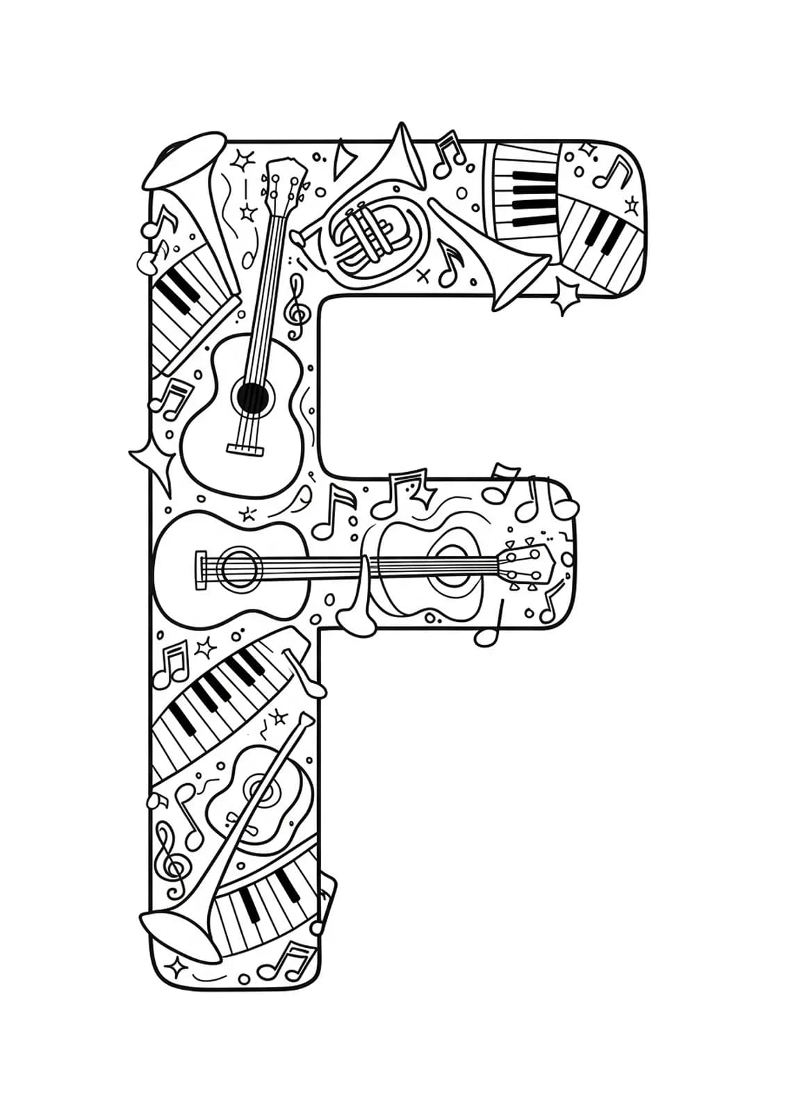 Letter F with surrounding music notes and instrument designs for adult coloring