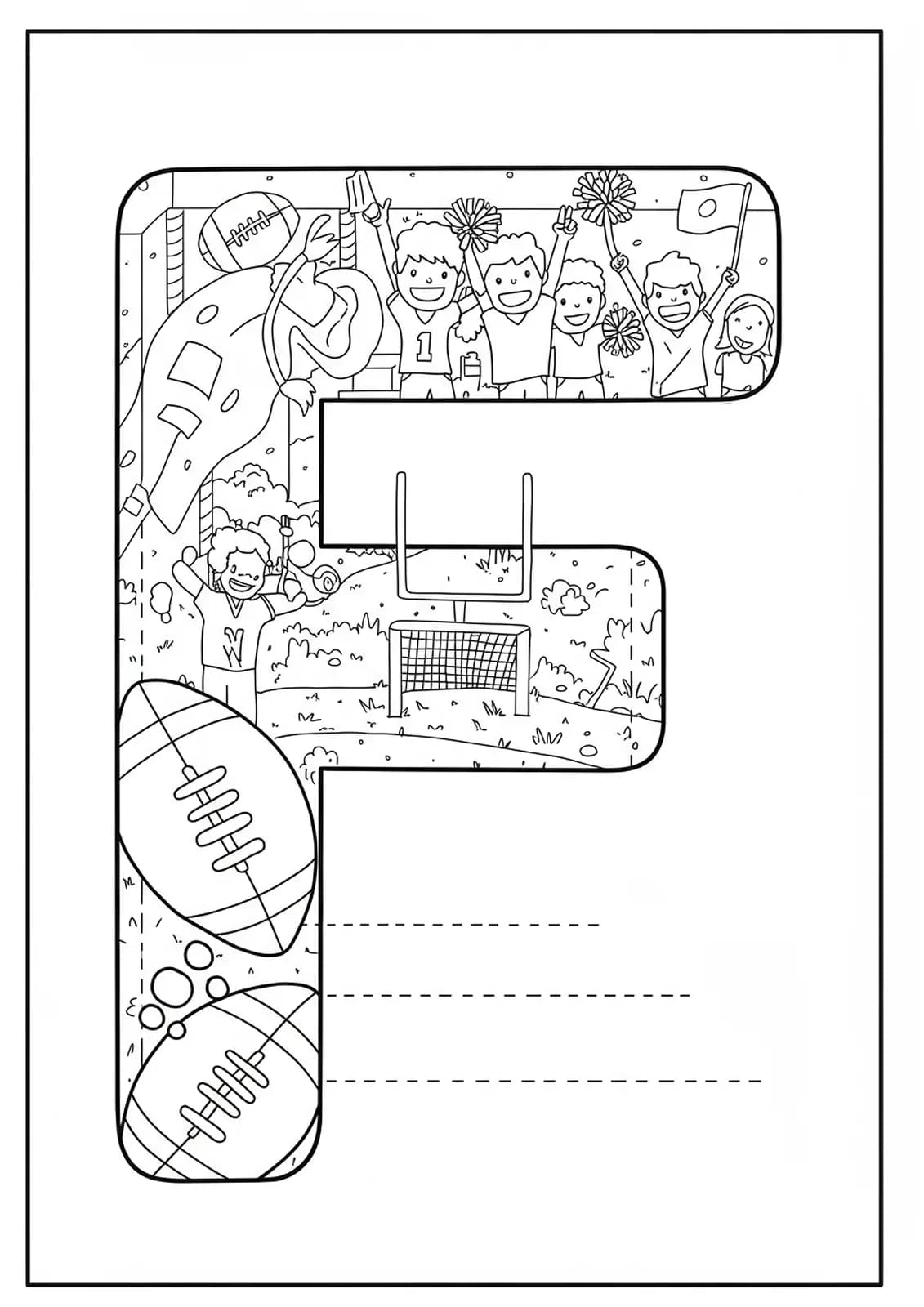Letter F with footballs, goalpost, and fans for coloring
