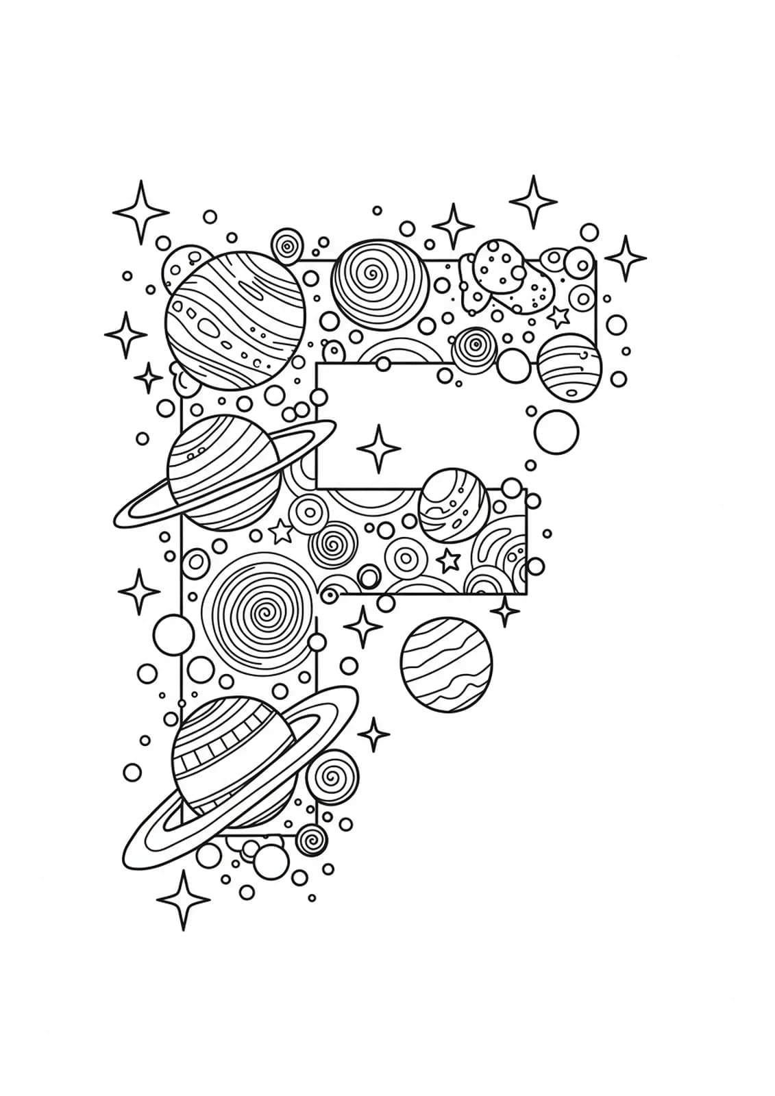 Letter F with planets, stars, and cosmic patterns for adult coloring