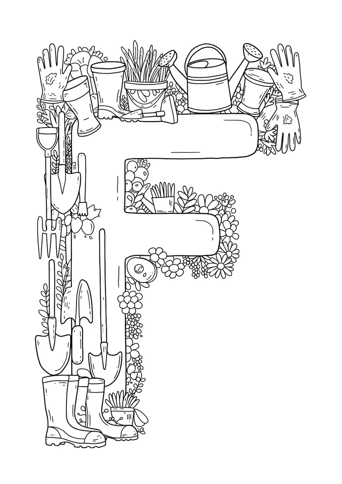 Letter F with simple gardening tool outlines, easy adult coloring page.