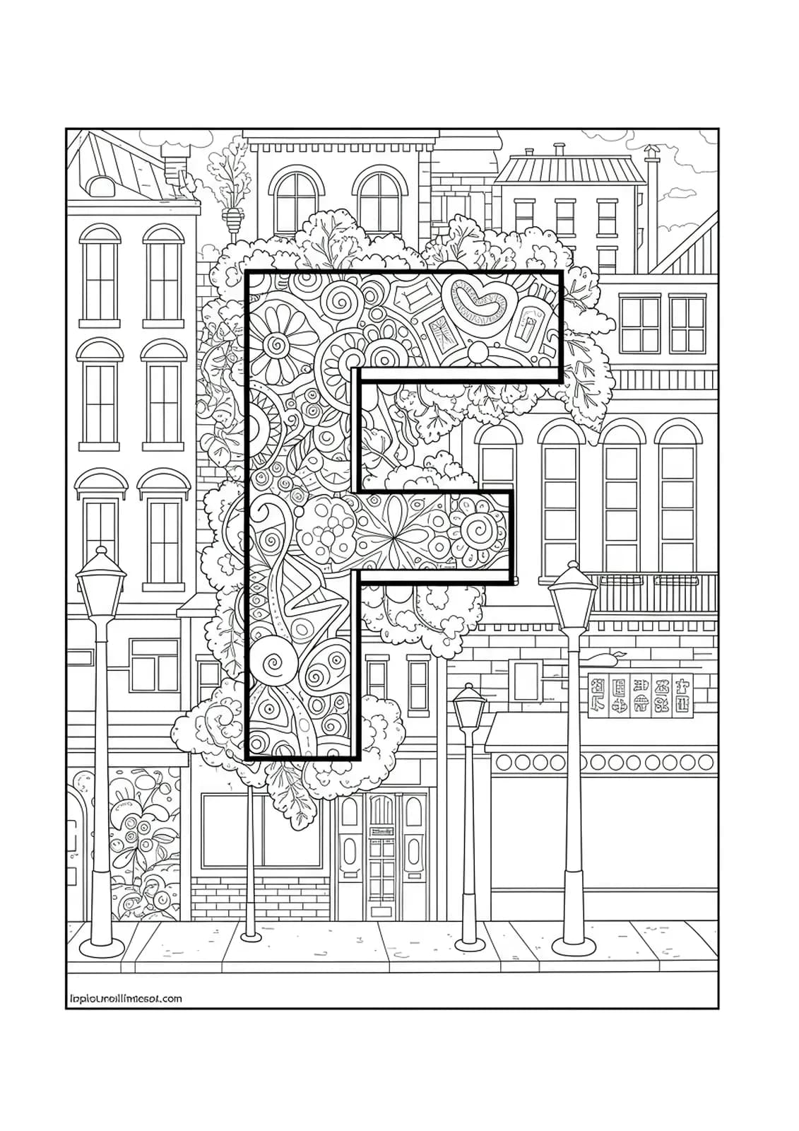 Letter F integrated into an urban cityscape with buildings and streets for adult coloring