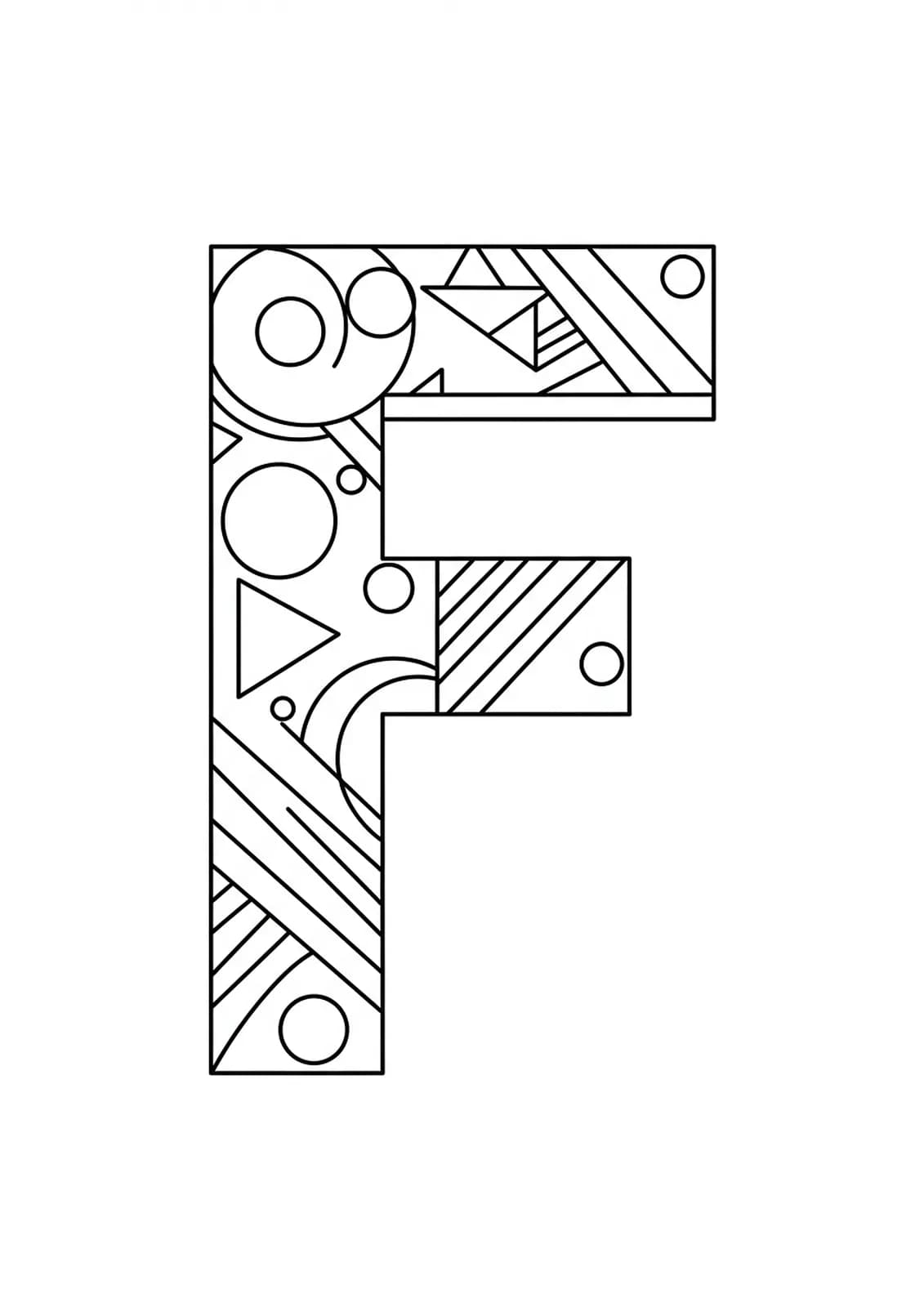 Letter F with simple geometric shapes, easy and bold coloring design for adults.