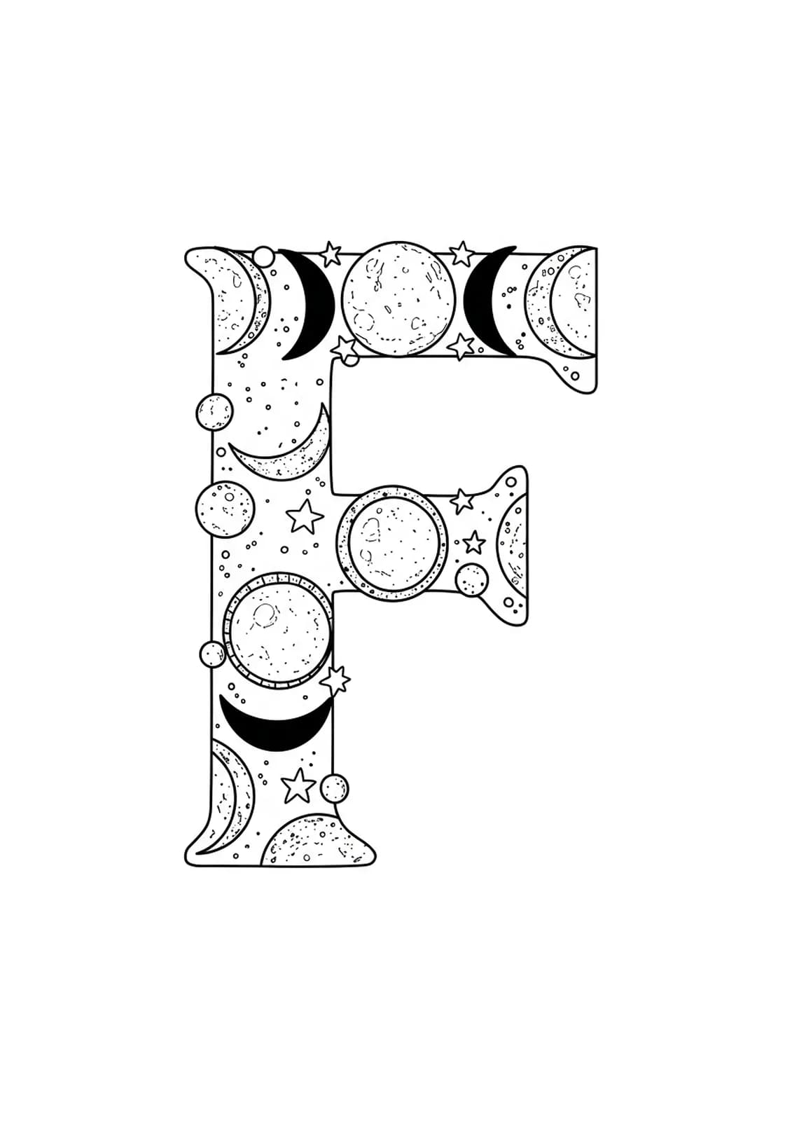 Letter F with simple moons and stars outlines, easy adult celestial coloring page.