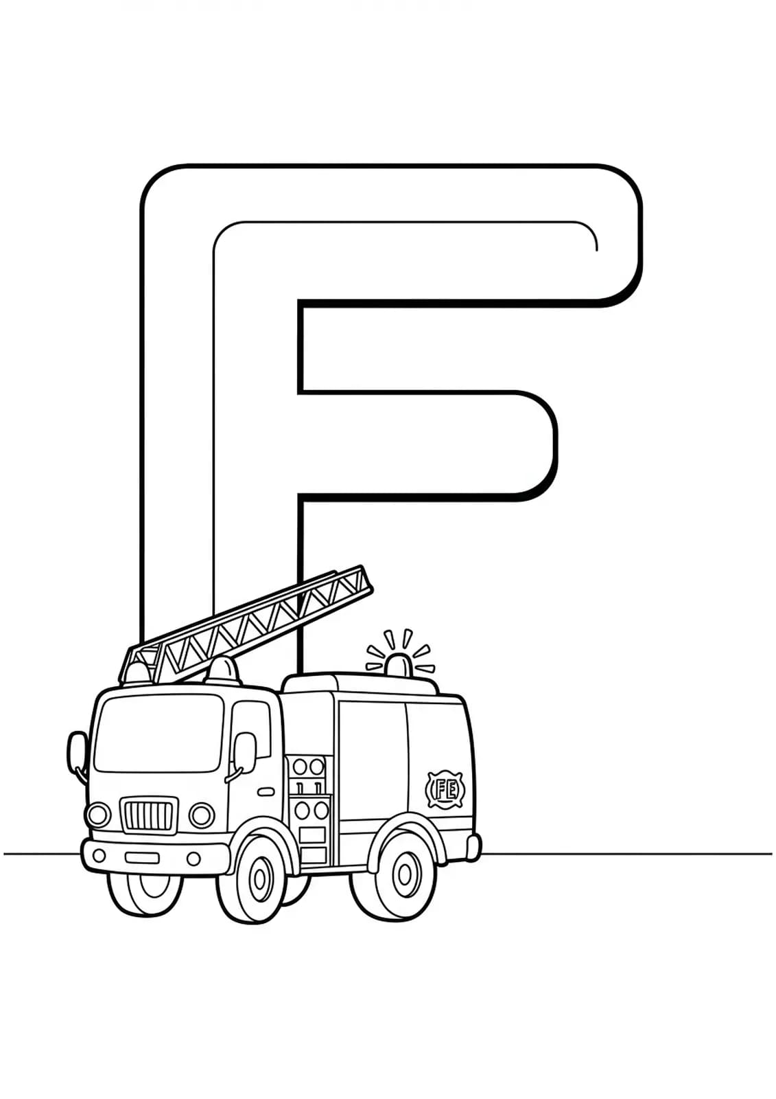 Letter F coloring page with a firetruck and emergency lights for preschool