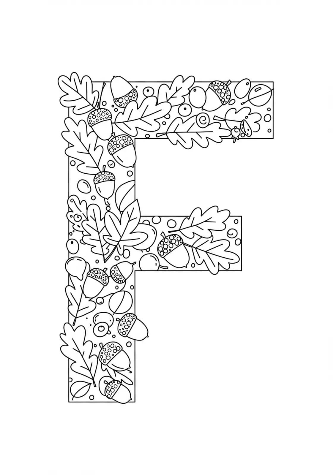Letter F with fall leaves and acorns for easy coloring