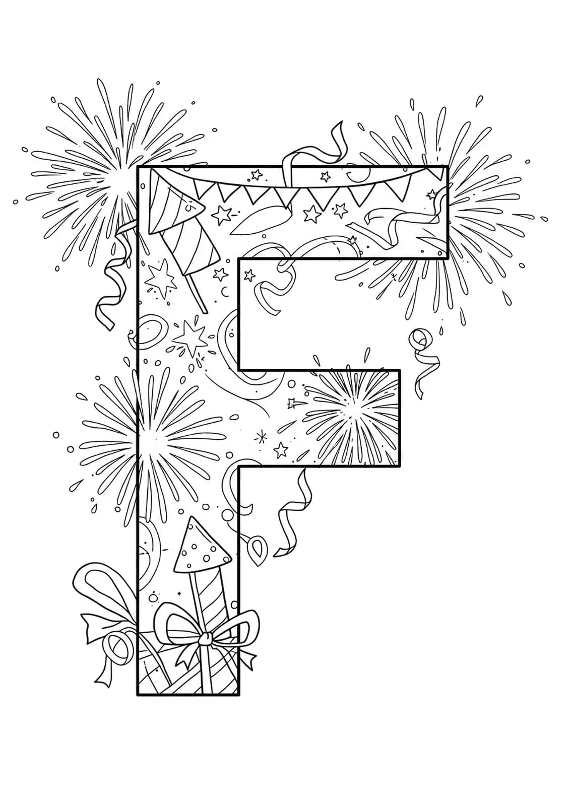 Letter F surrounded by medium-detailed fireworks for coloring