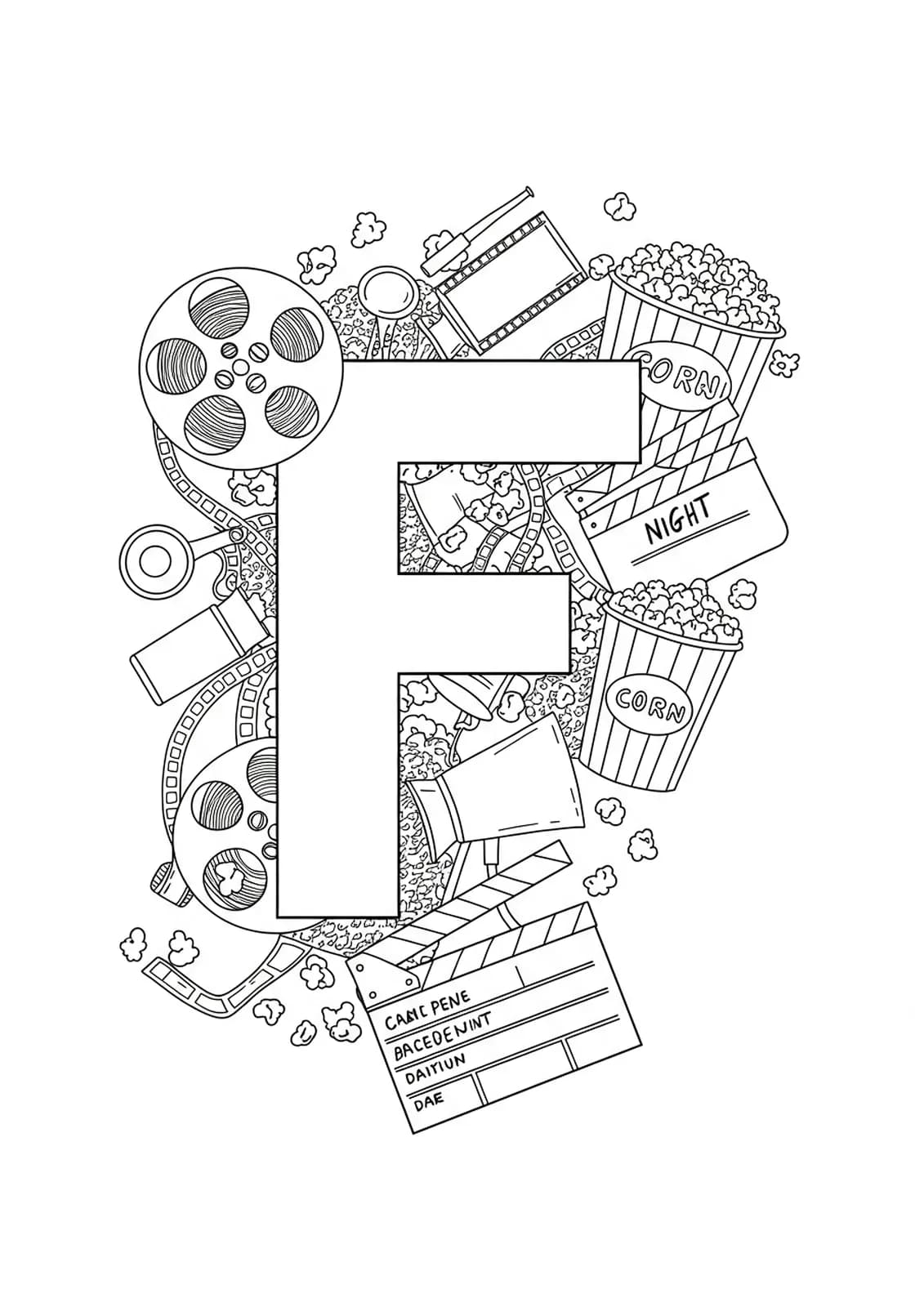 Letter F with medium-detail film reels, popcorn buckets, stars, and clapperboards, black and white line art