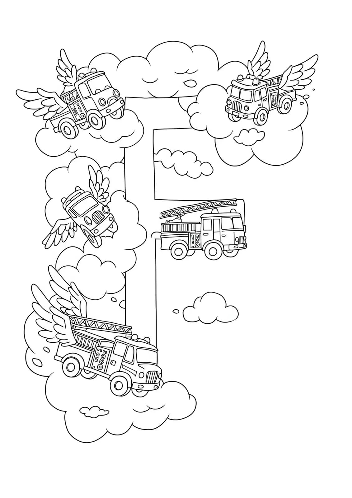 Letter F with flying fire trucks and clouds for coloring