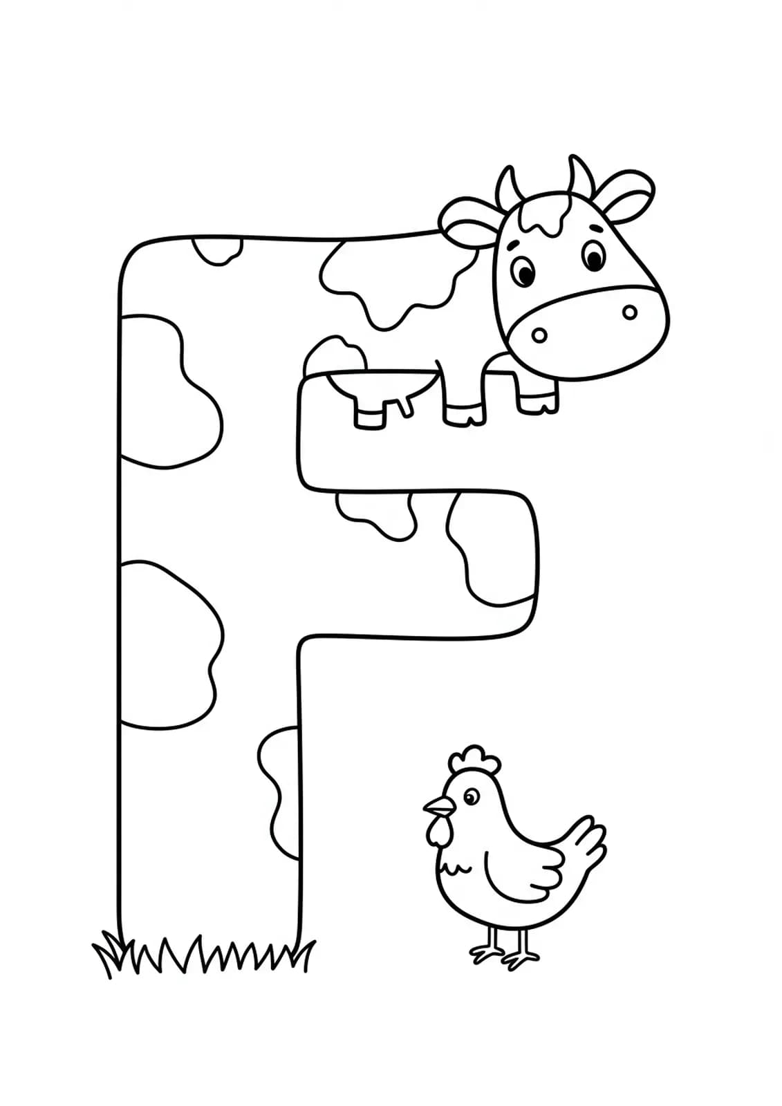 Letter F with simple outlines of a cow and a chicken next to it for easy preschool coloring.