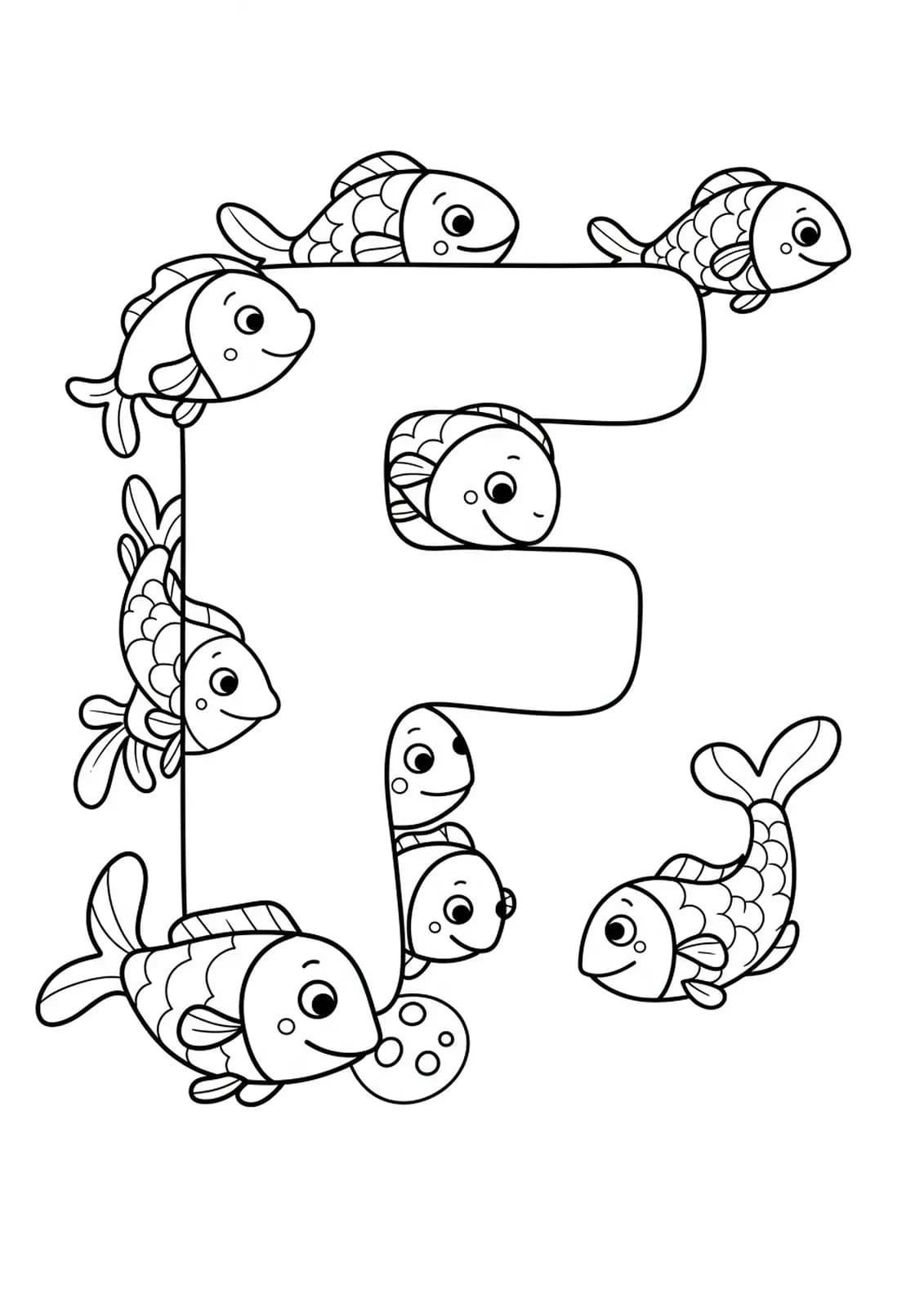 Letter F with simple cartoon fish swimming around it, designed for easy preschool coloring.