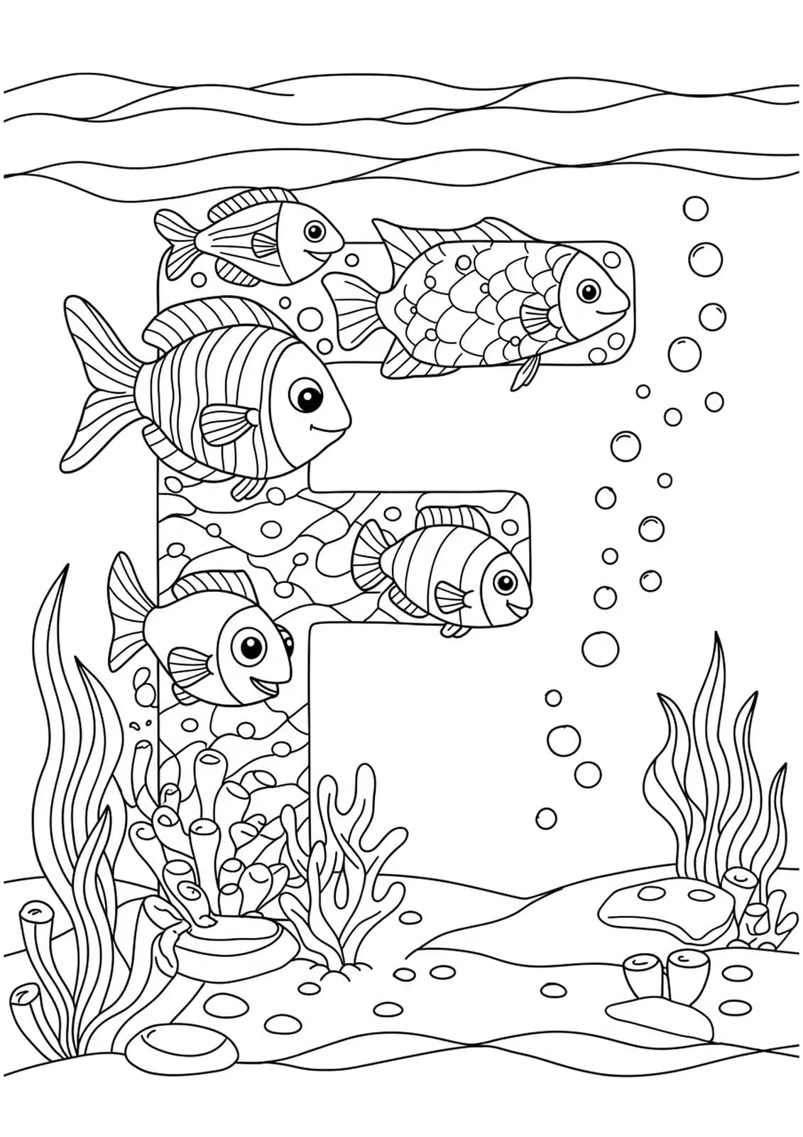 Letter F with fish, seaweed, and ocean bubbles for coloring