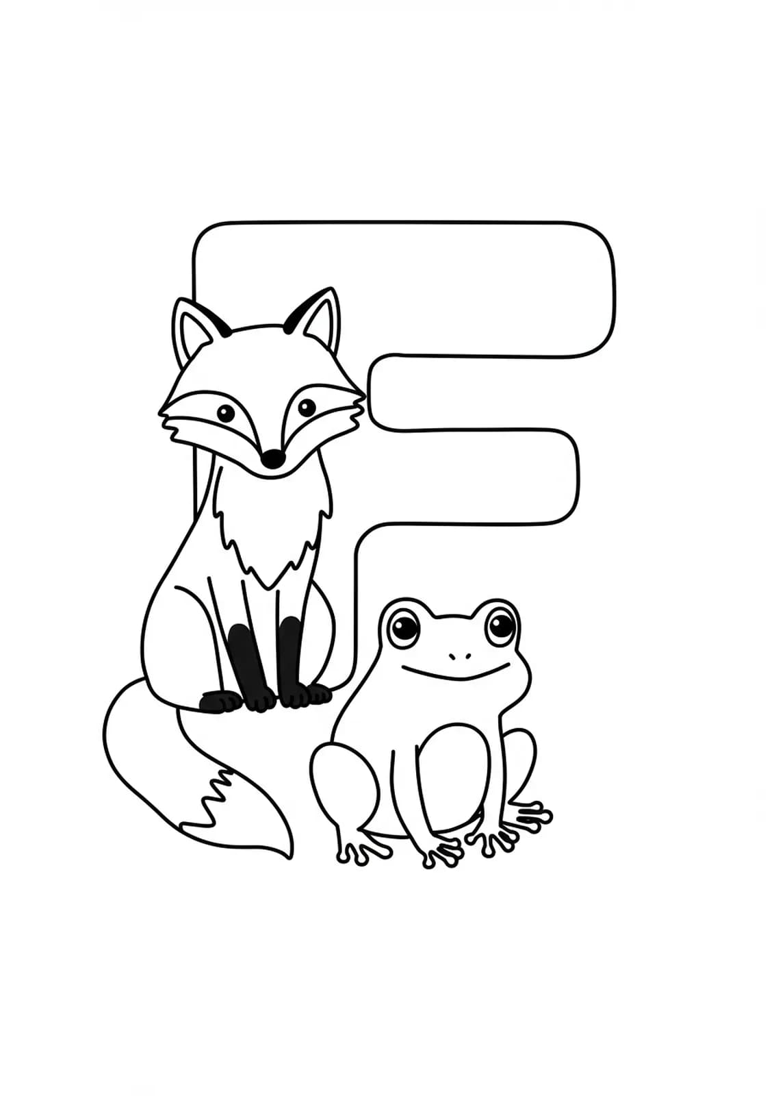 Letter F surrounded by a fox and a frog, outlined for easy coloring