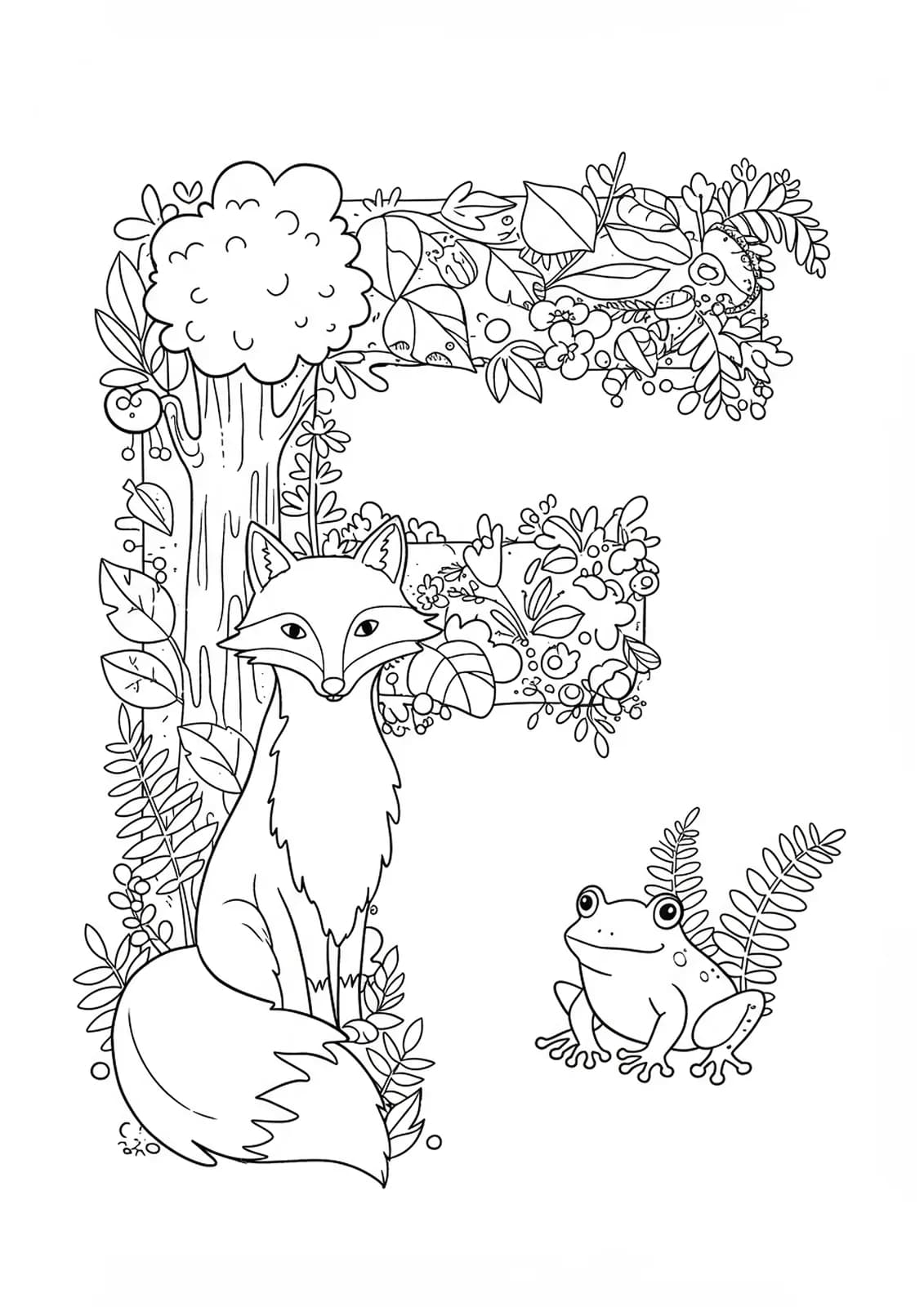 Letter F surrounded by fox, frog, and forest plants for coloring