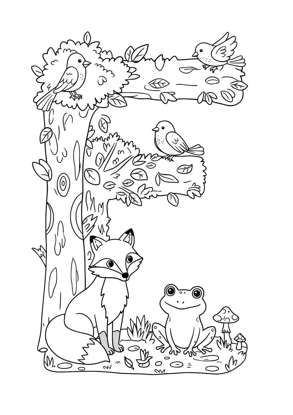 Printable letter F coloring page with a fox, frog, and birds in a forest setting for preschool
