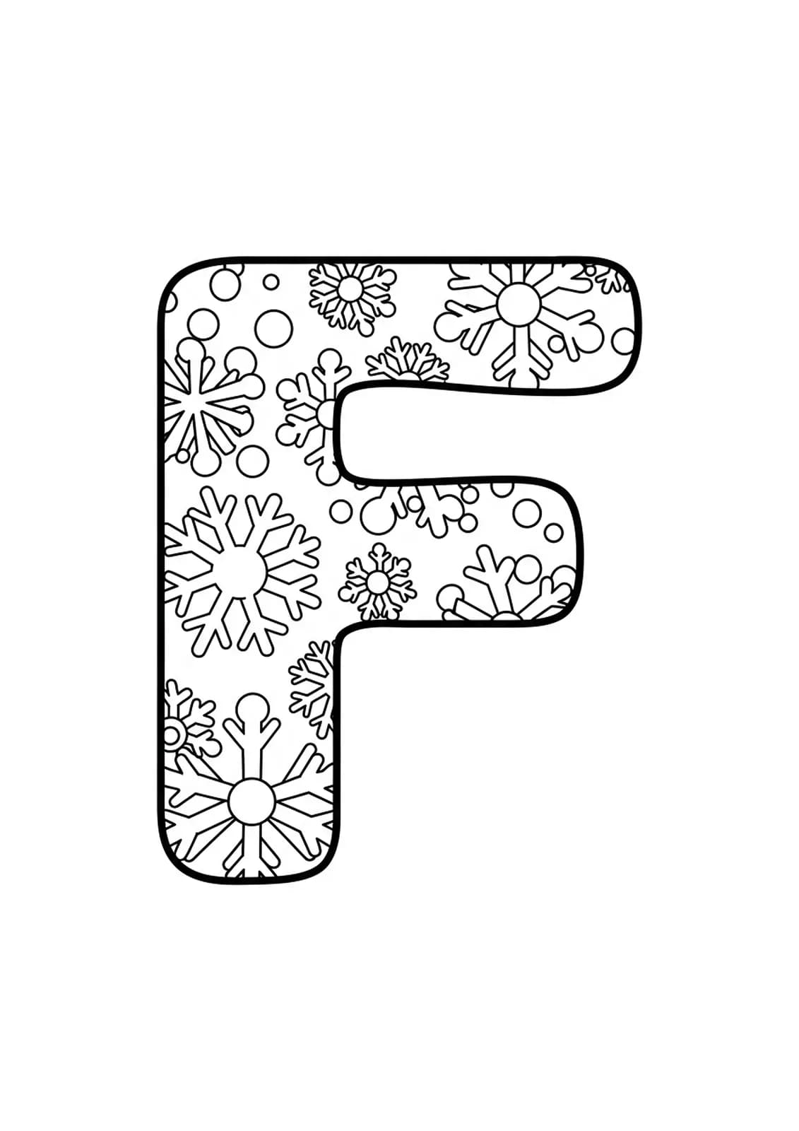 Letter F with a few large, simple snowflakes for easy preschool coloring.