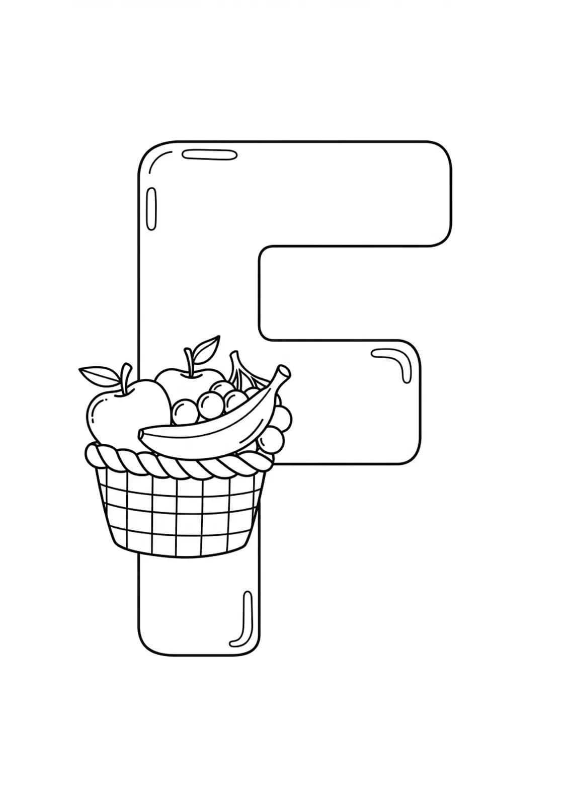 Letter F with a basic fruit basket containing simple fruit shapes for preschool coloring.