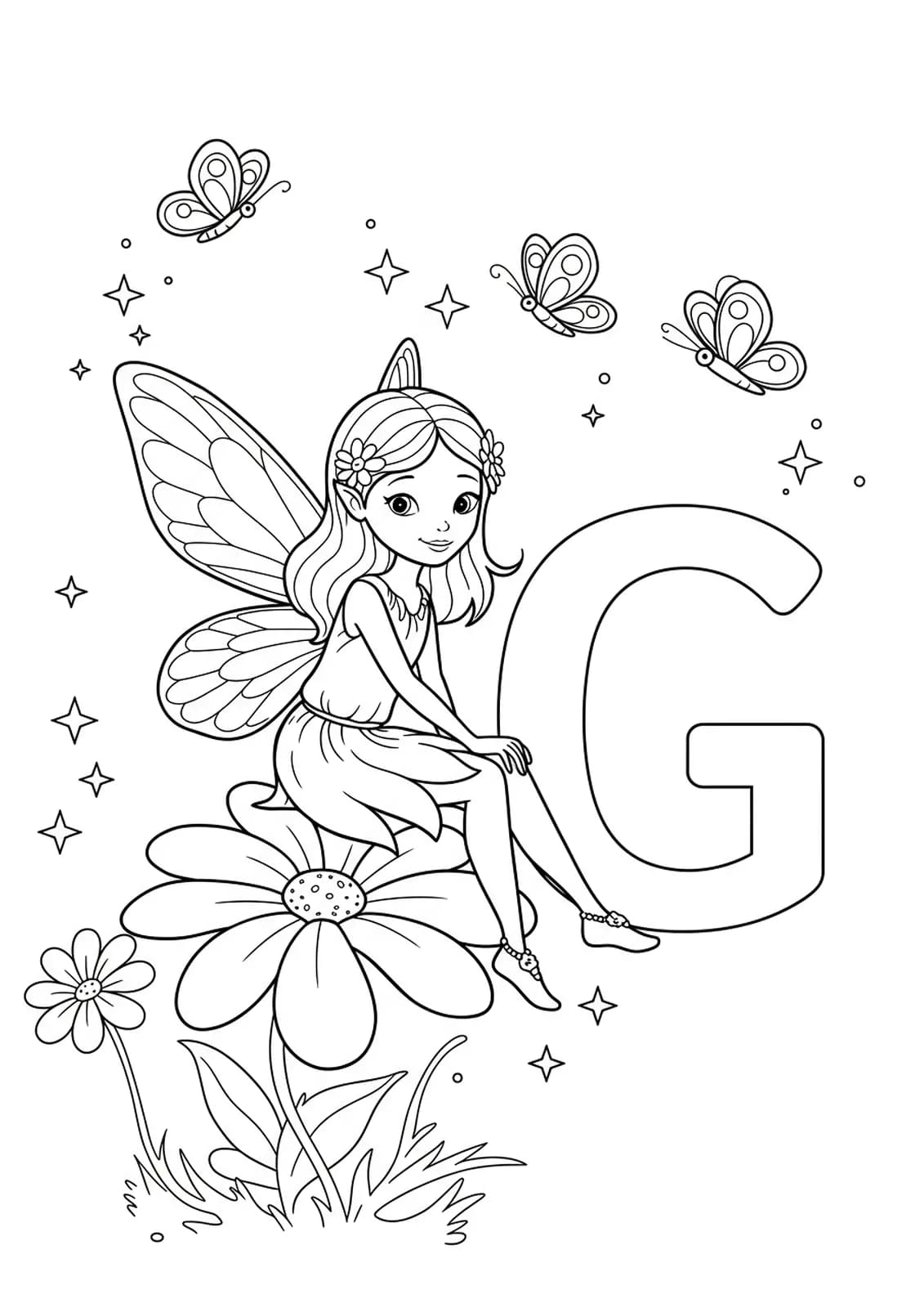 Letter G coloring page with a magical garden fairy on a flower.