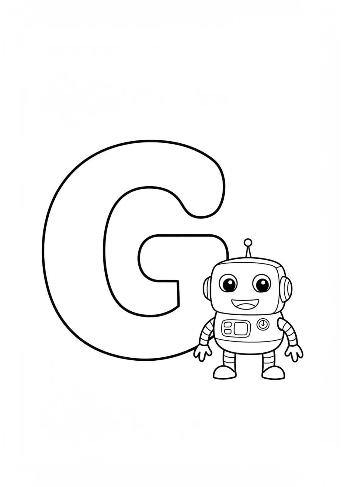 Large letter G with a friendly cartoon robot standing next to it.