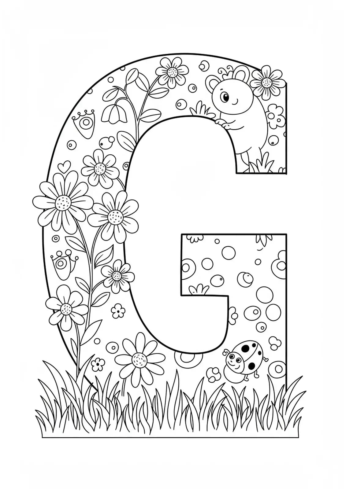 Large letter G in a garden with flowers, grass, and bugs for easy coloring.
