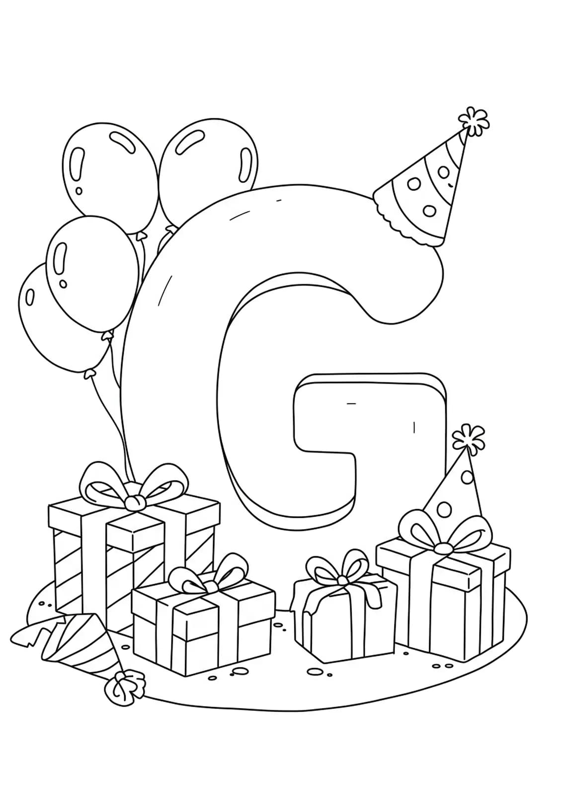 Letter G coloring page with wrapped birthday gifts, balloons, and party hats.