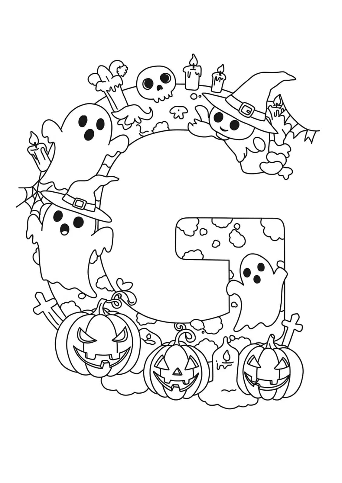 Letter G coloring page with goofy ghosts, pumpkins, and Halloween decorations.