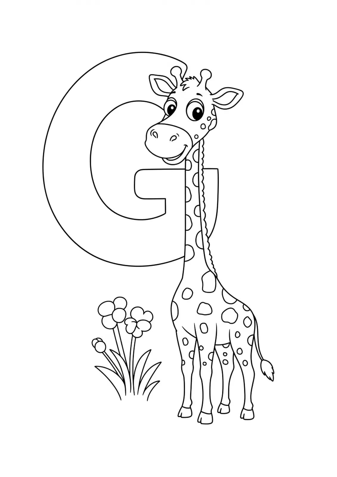Large letter G with a smiling, simple cartoon giraffe beside it.