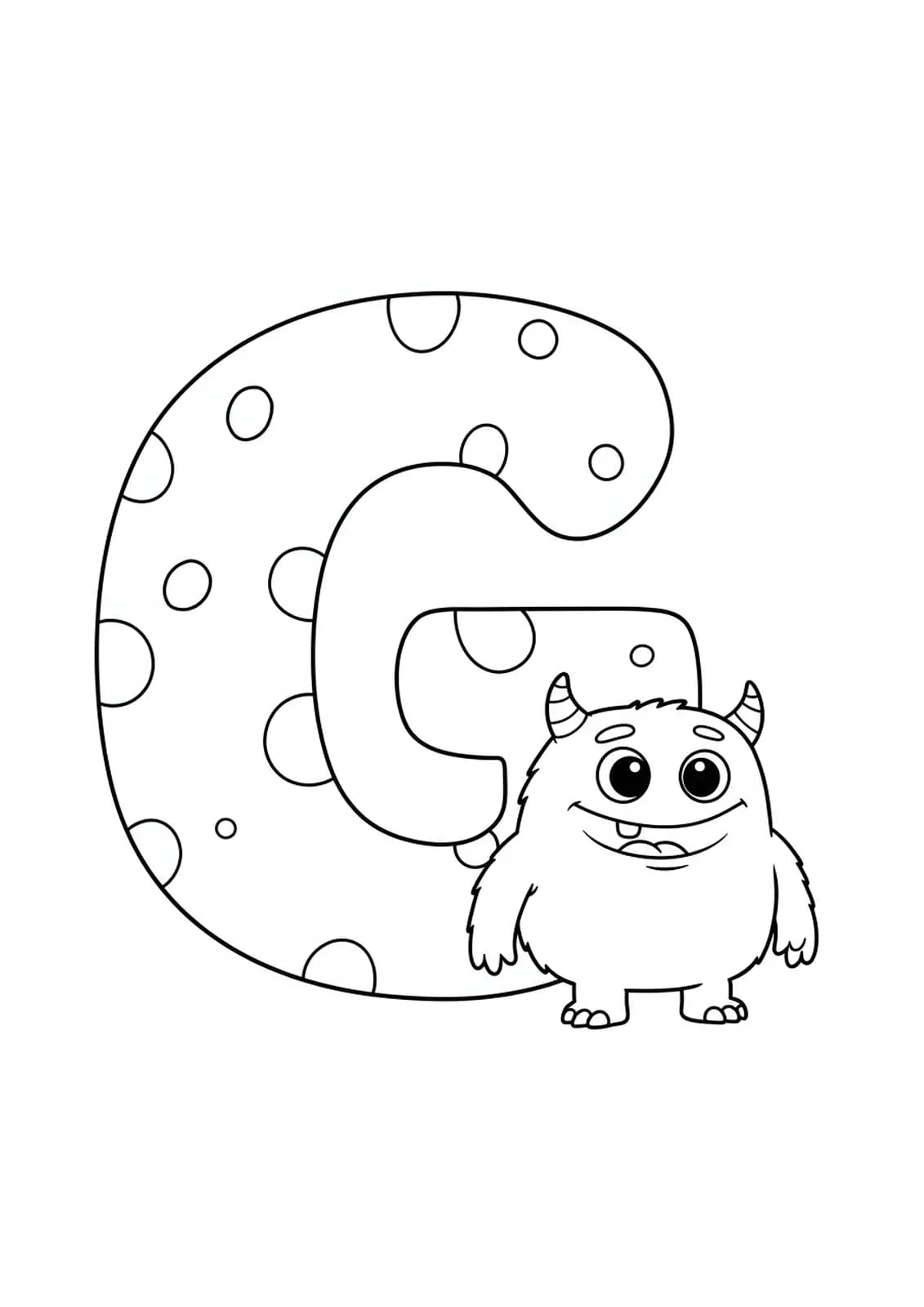 Large letter G with a silly, friendly cartoon monster beside it.