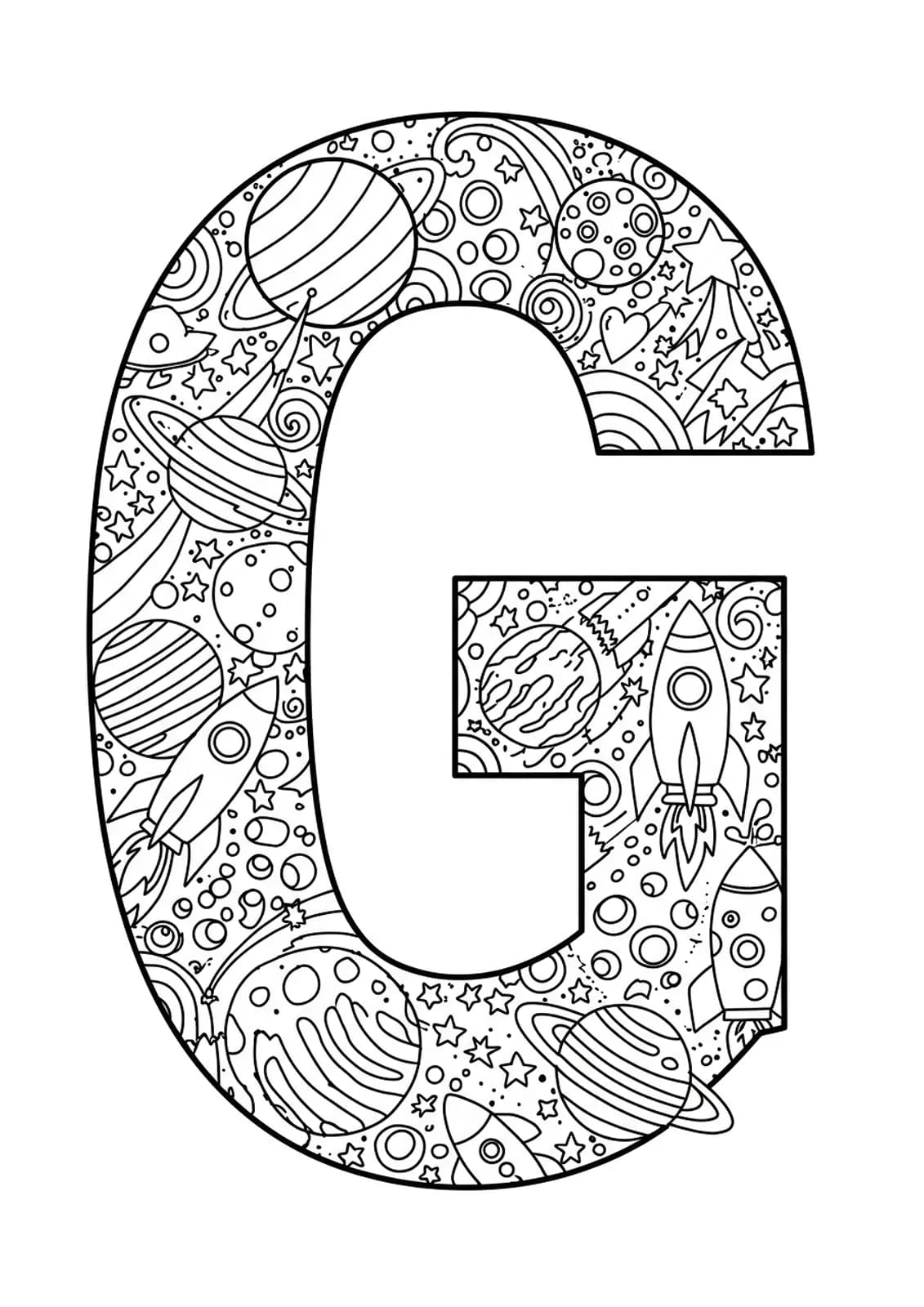 Complex galaxy scene with stars, planets, and the letter G integrated, hard coloring page for kids.