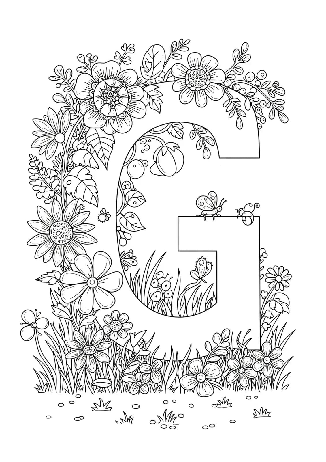 Intricate garden-themed letter G coloring page with flowers, grass, and bugs for preschoolers