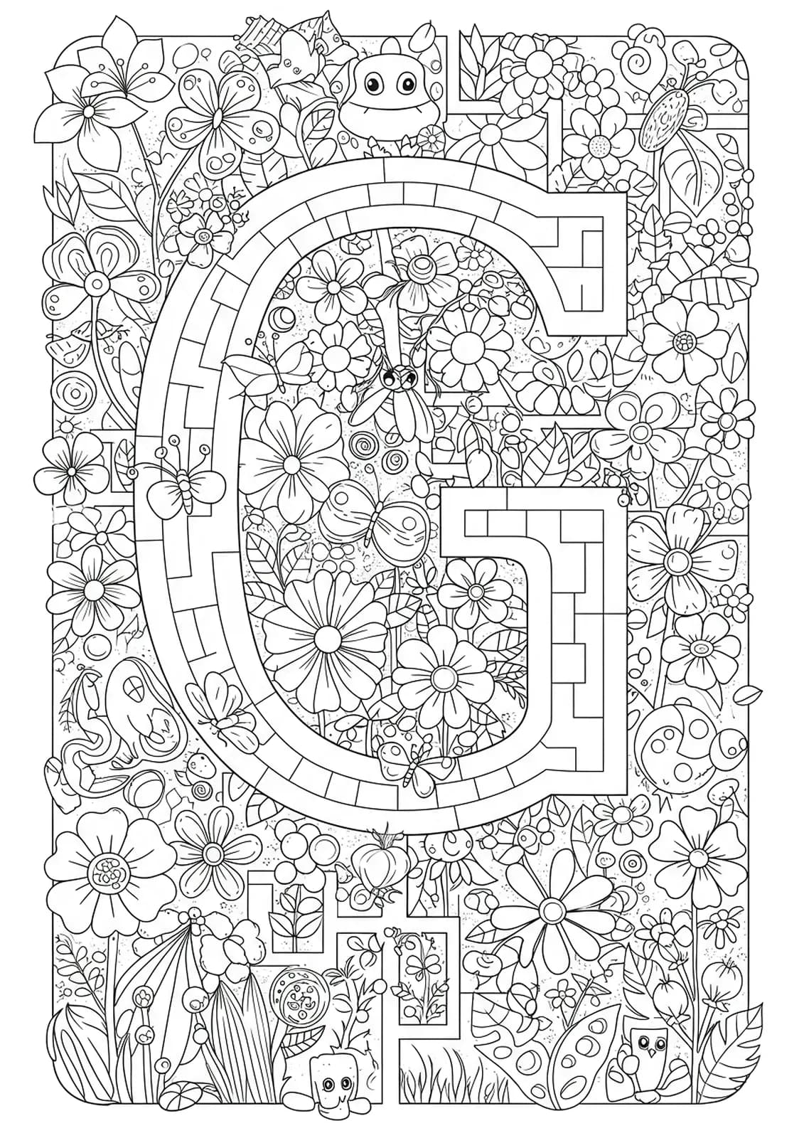 Detailed garden scene with flowers, bugs, and letter G maze, hard complexity for elementary kids.