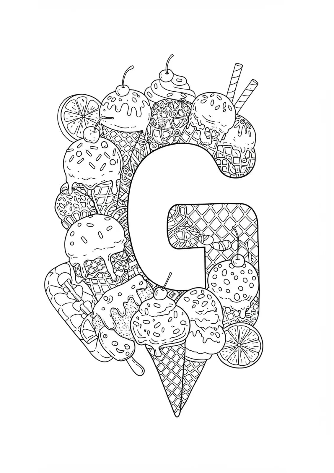 Ice cream-themed letter G coloring page with detailed cones, sprinkles, and scoops