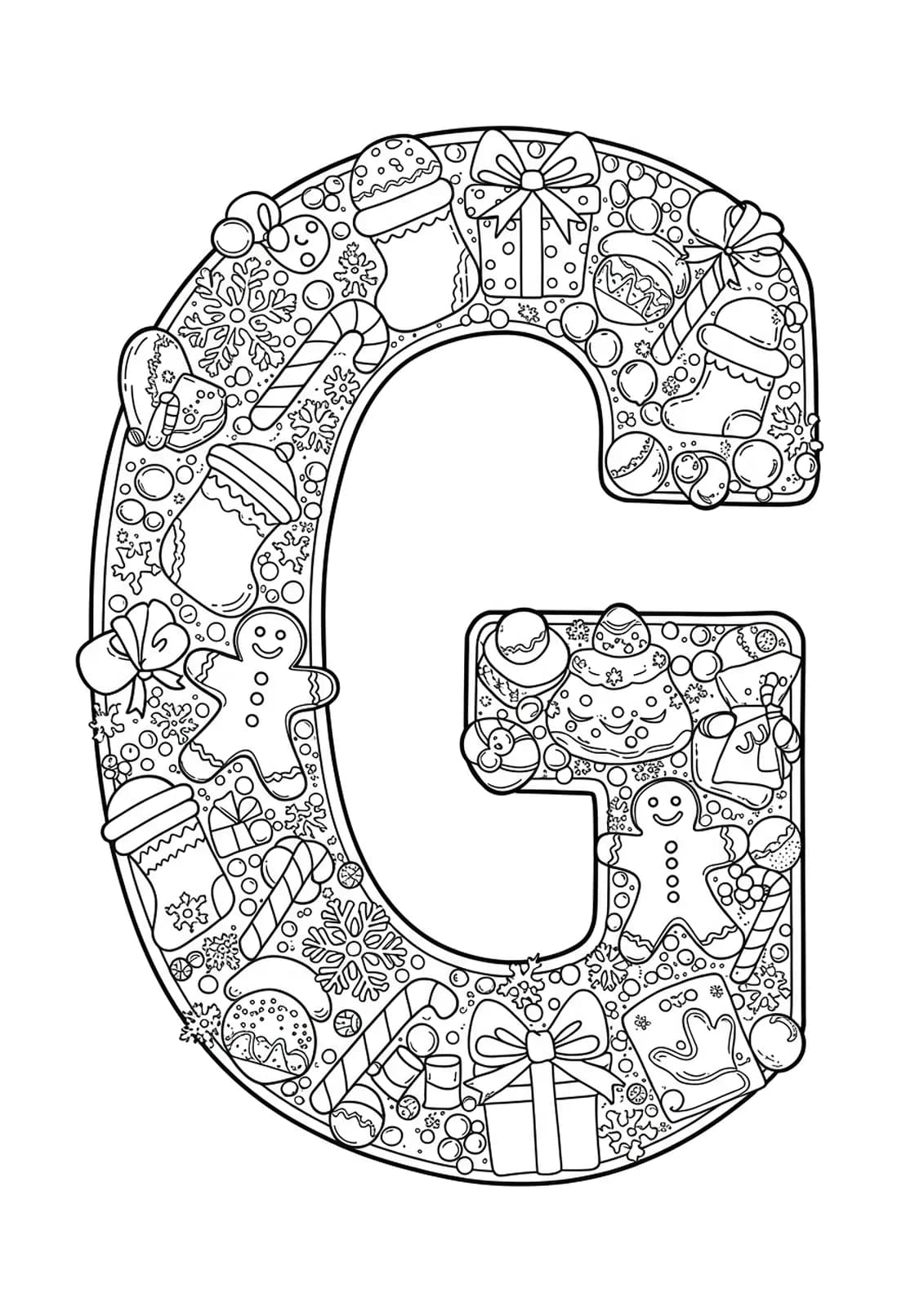 Intricate gingerbread and holiday decorations around letter G, hard coloring page for elementary kids.